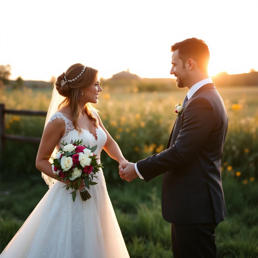 Bride and groom holding hands at golden hour