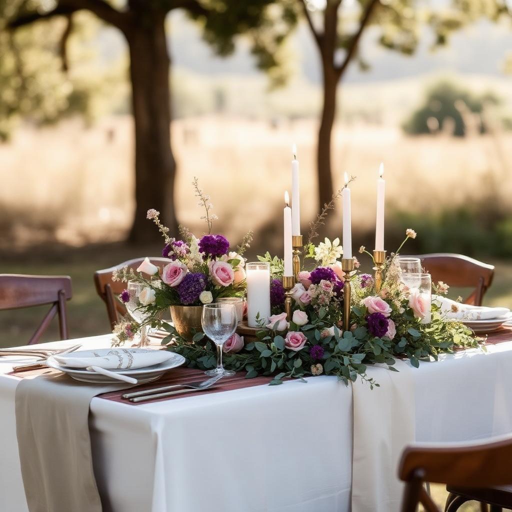 Rustic wedding table setting with wildflowers