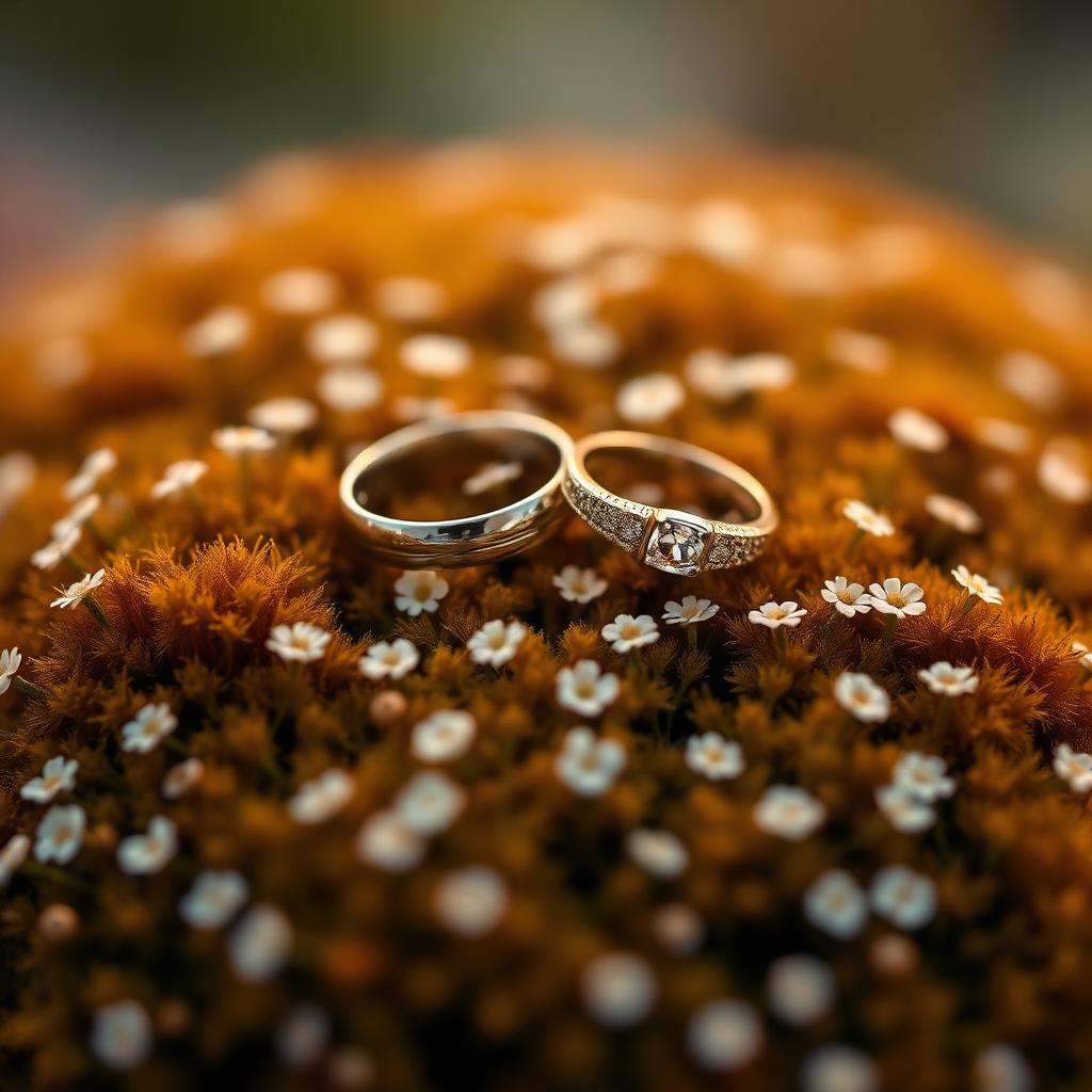 Wedding rings nestled in moss and tiny flowers