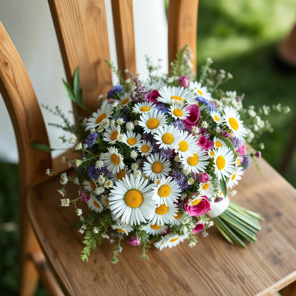 Bridal bouquet of wildflowers on a wooden chair