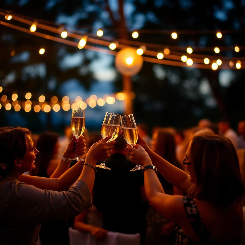 Guests toasting under string lights