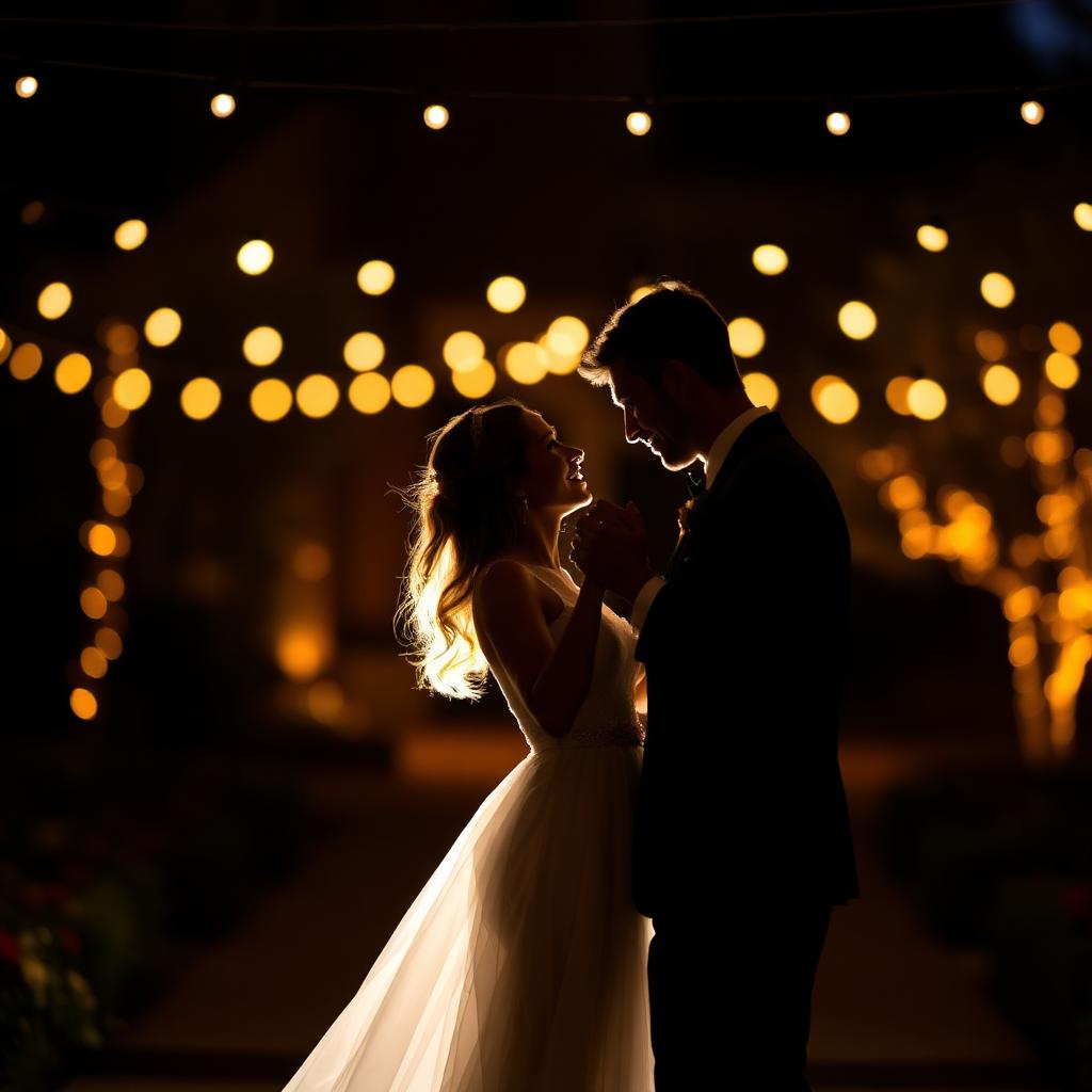 Couple first dance under string lights
