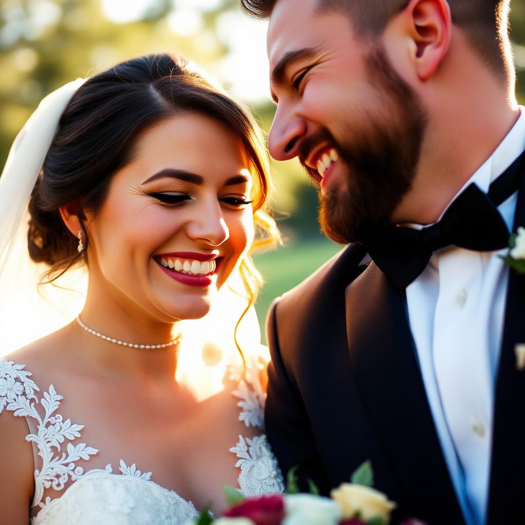 Bride and groom laughing together